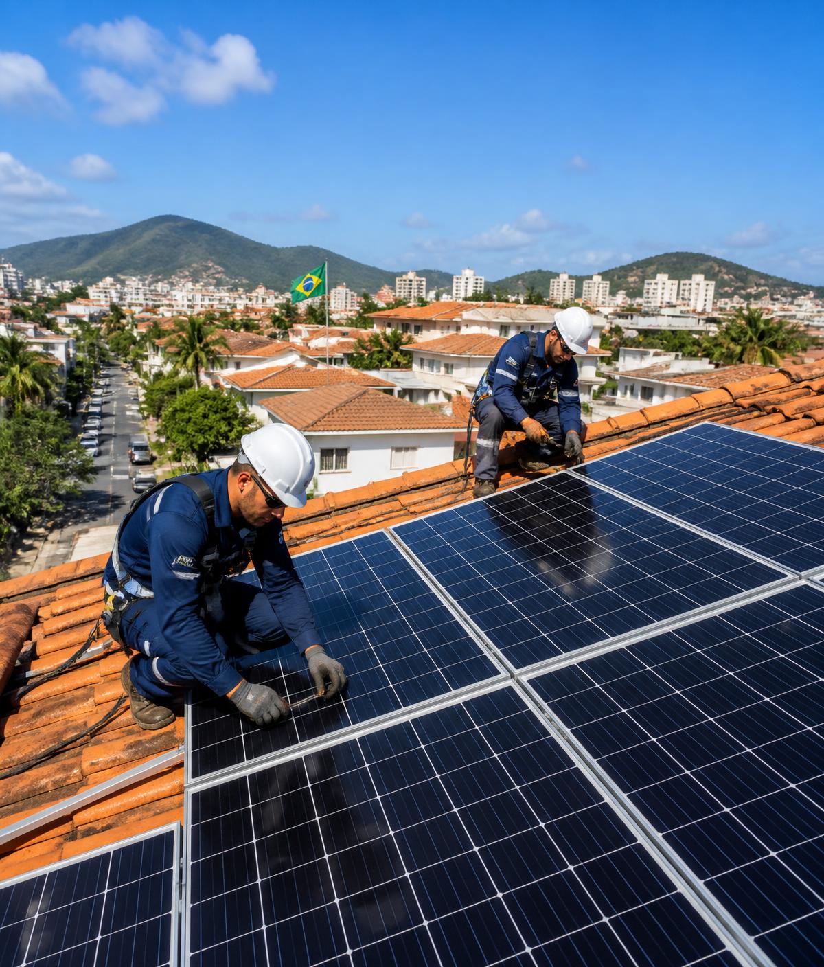 Técnicos da Maisstock instalando painéis solares em telhado residencial